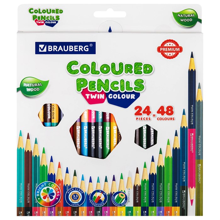 Карандаши цветные двусторонние BRAUBERG PREMIUM TWIN COLOUR, 24 штуки, 48 цветов, шестигранные, грифель 3,3 мм, натуральное дерево, 181875 181875