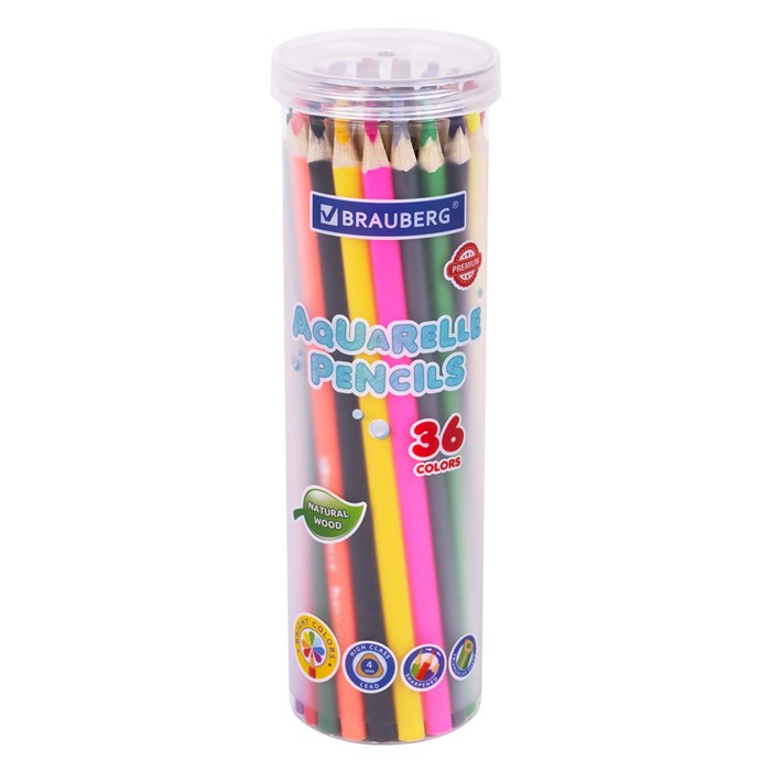 Карандаши цветные акварельные BRAUBERG PREMIUM AQUARELLE 36 цветов в тубе, трехгранные, утолщенный грифель 4 мм, натуральное дерево,181933 181933