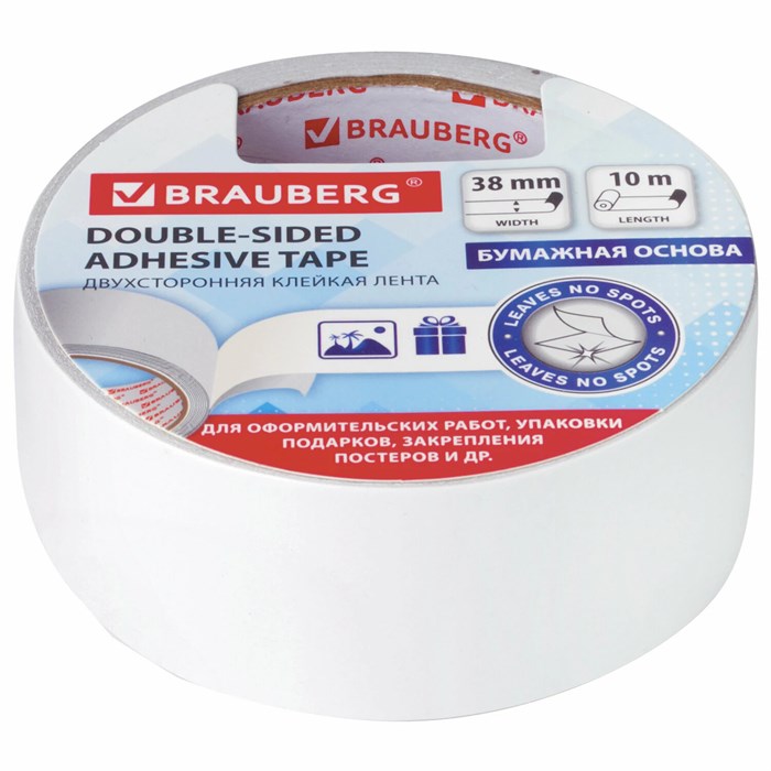 Клейкая двухсторонняя лента 38 мм х 10 м, БУМАЖНАЯ ОСНОВА, BRAUBERG, 229056 229056