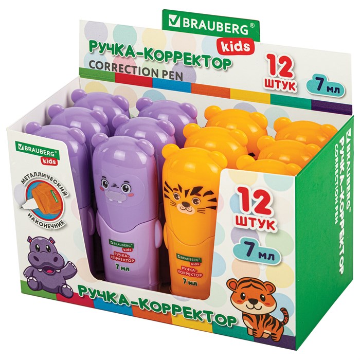 Ручка-корректор BRAUBERG KIDS "ЗВЕРЯТА", 7 мл, металлический наконечник, корпус ассорти, 272493 272493
