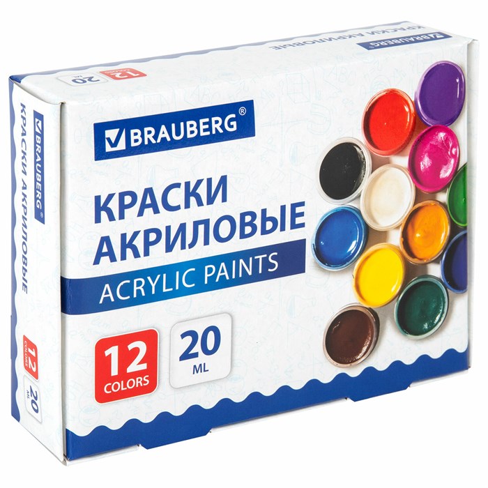 Краски акриловые для рисования и творчества 12 цветов по 20 мл, BRAUBERG, 192564 192564