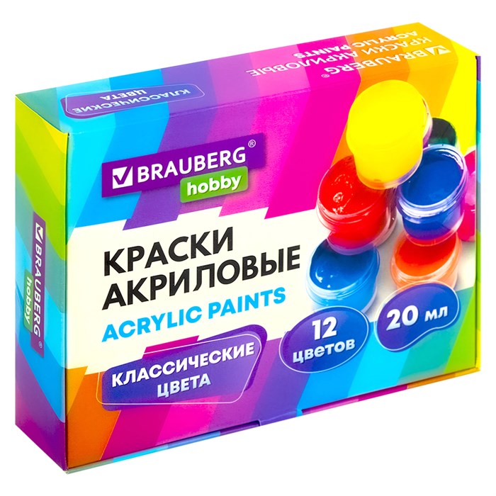 Краски акриловые для рисования и творчества 12 цветов по 20 мл, BRAUBERG HOBBY, 192435 192435