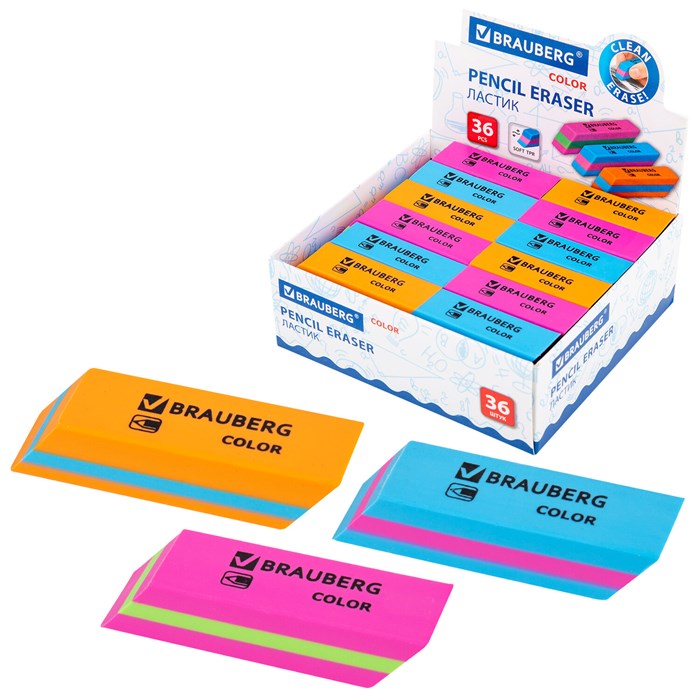 Ластик BRAUBERG "Color", 55х15х13 мм, прямоугольный, скошенный, яркие цвета ассорти, 272671 272671
