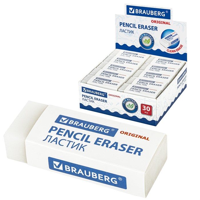 Ластик BRAUBERG "Original", 45х17х10 мм, белый, прямоугольный, экологичный ПВХ, картонный держатель, 228076 228076