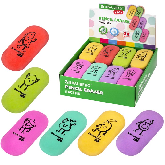 Ластик BRAUBERG KIDS "Fruits", 50х23х10 мм, пастельные цвета ассорти, 272674 272674
