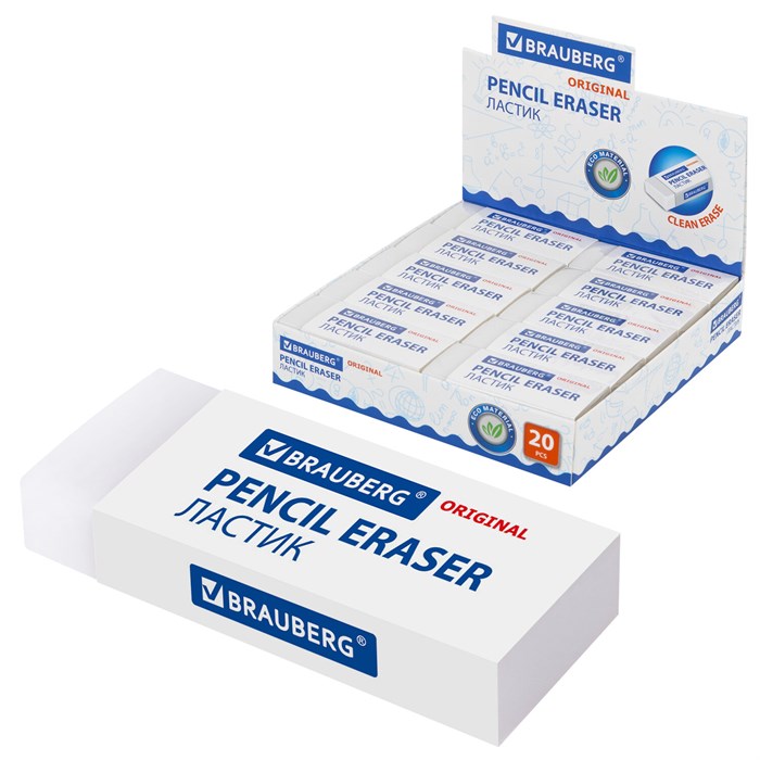 Ластик большой BRAUBERG EXTRA, 60х24х11 мм, белый, прямоугольный, экологичный ПВХ, картонный держатель, 228074 228074