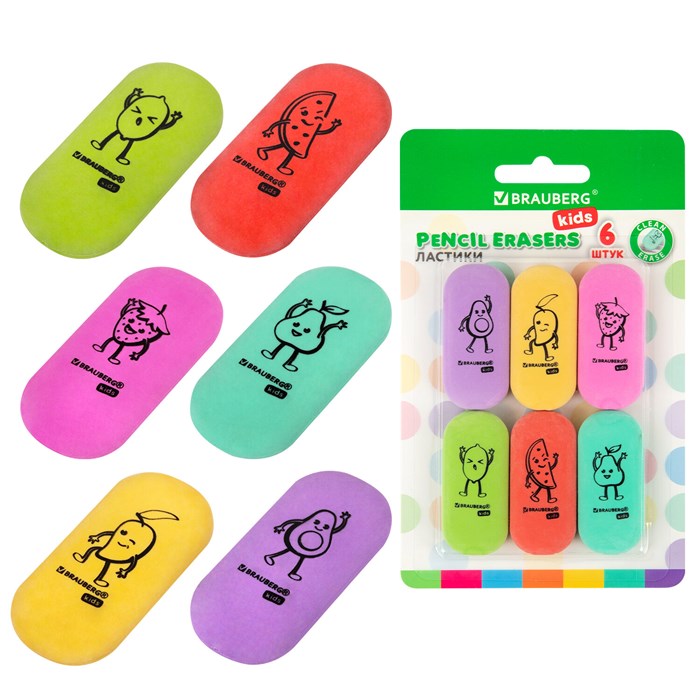 Ластики BRAUBERG KIDS "Fruits", НАБОР 6 штук, 50х23х10 мм, овальные, ассорти, 272669 272669