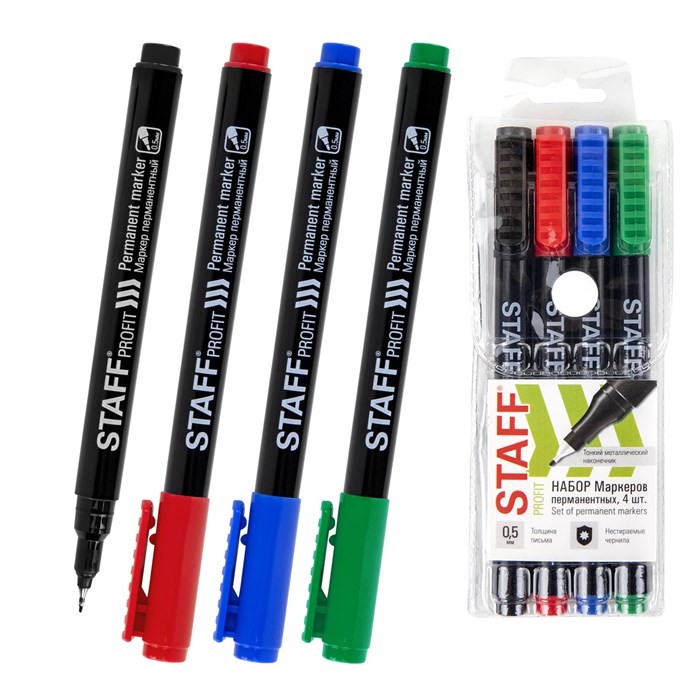 Маркер перманентный НАБОР 4 ЦВЕТА, STAFF "Profit PM-105", тонкий металлический наконечник 0,5 мм, 152173 152173