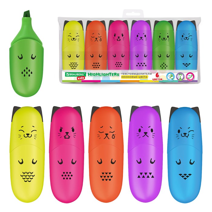 Набор текстовыделителей мини 6 ЦВЕТОВ BRAUBERG KIDS "CUTE CATS НЕОН", линия 1-5 мм, 152435 152435