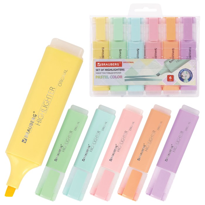 Набор текстовыделителей 6 ЦВЕТОВ, BRAUBERG "ORIGINAL PASTEL", линия письма 1-5 мм, 151698 151698
