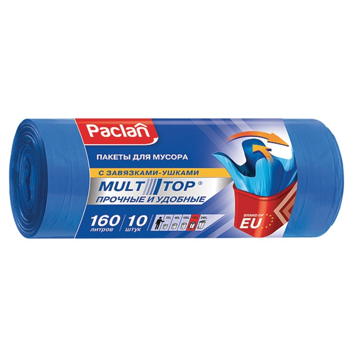 Мeшки для мусoра 160 л, с ушками, синие, рулон 10 шт., ПВД, 30 мкм, 90х125 см, PACLAN "Multitop", 134442 604064