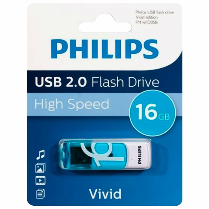 Флеш-диск 16 GB PHILIPS VIVID, разъем USB 2.0, синий, FM16FD05B/97 514089