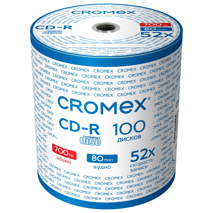Диски CD-R CROMEX, 700 Mb, 52x, Bulk (термоусадка без шпиля), КОМПЛЕКТ 100 шт., 513779 513779
