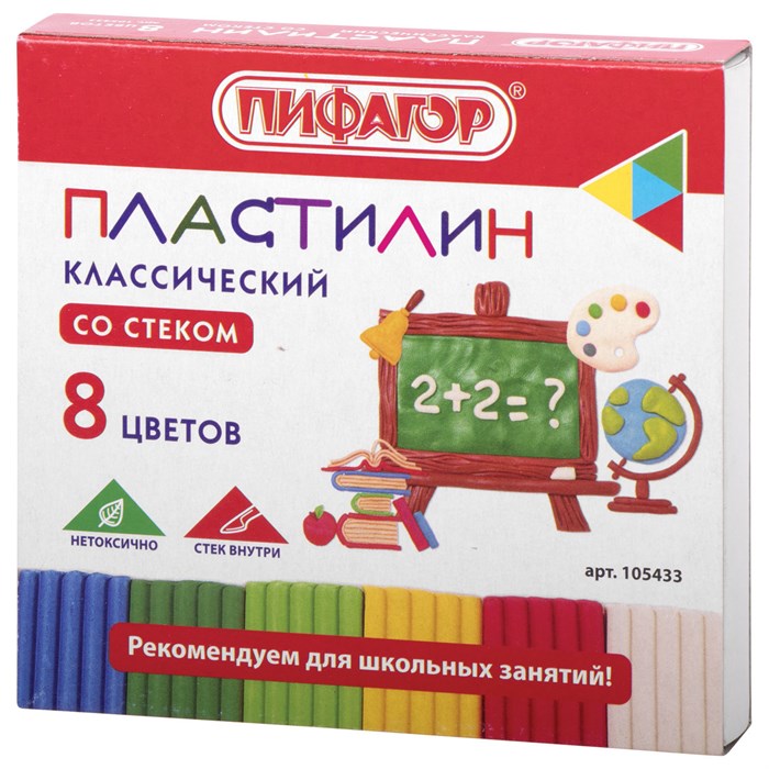 Пластилин классический ПИФАГОР ШКОЛЬНЫЙ, 8 цветов, 120 г, со стеком, 105433 105433