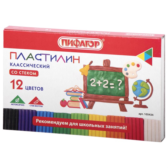 Пластилин классический ПИФАГОР ШКОЛЬНЫЙ, 12 цветов, 180 г, со стеком, 105434 105434