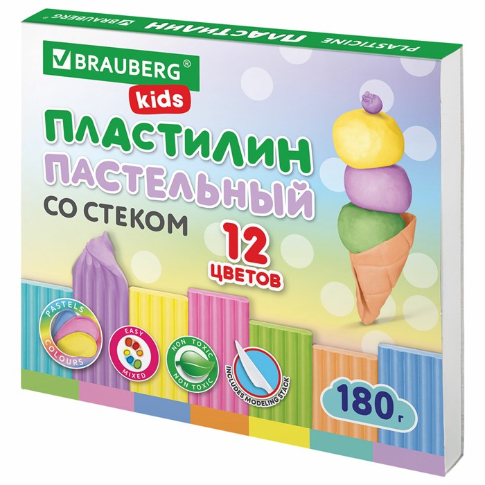 Пластилин классический пастельные цвета BRAUBERG KIDS, 12 цветов, 180 грамм, стек, 106681 106681