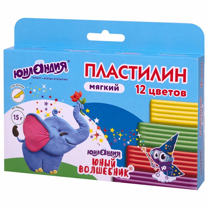 Пластилин мягкий ЮНЛАНДИЯ "ЮНЫЙ ВОЛШЕБНИК", 12 цветов 180 г, СО СТЕКОМ, ВЫСШЕЕ КАЧЕСТВО, европодвес, 106439 106439