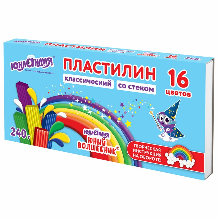 Пластилин классический ЮНЛАНДИЯ "ЮНЫЙ ВОЛШЕБНИК", 16 цветов, 240 грамм, СО СТЕКОМ, ВЫСШЕЕ КАЧЕСТВО, 106430 106430