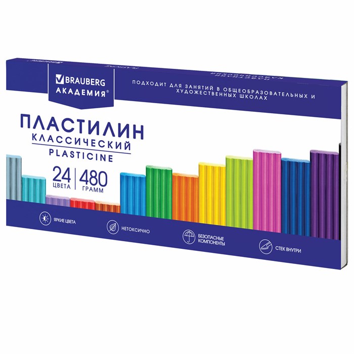 Пластилин классический BRAUBERG "АКАДЕМИЯ КЛАССИЧЕСКАЯ", 24 цвета, 480 г, СТЕК, ВЫСШЕЕ КАЧЕСТВО, 106424 106424