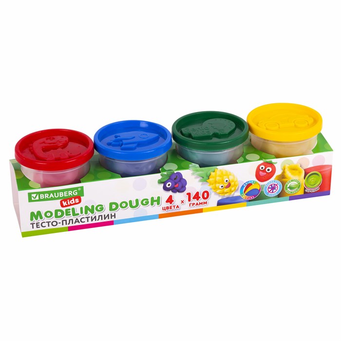 Пластилин-тесто для лепки BRAUBERG KIDS, 4 цвета, 560 г, яркие классические цвета, крышки-штампики, 106715 106715