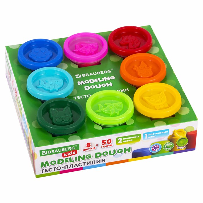 Пластилин-тесто для лепки BRAUBERG KIDS, 8 цветов, 400 г, яркие классические цвета, крышки-штампики, 106720 106720