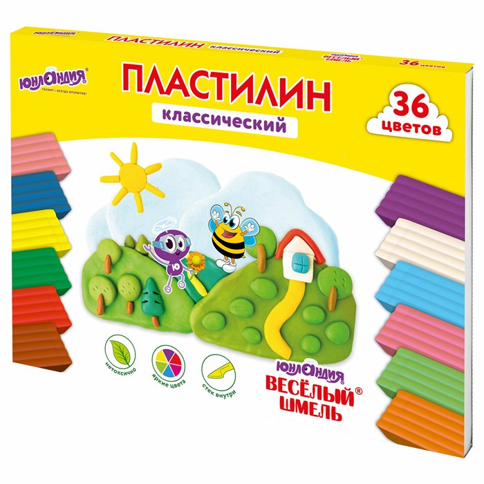 Пластилин классический ЮНЛАНДИЯ "ВЕСЁЛЫЙ ШМЕЛЬ", 36 цветов, 720 грамм, СО СТЕКОМ, ВЫСШЕЕ КАЧЕСТВО, 106434 106434