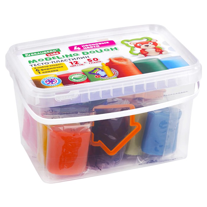 Пластилин-тесто для лепки BRAUBERG KIDS, 12 цветов., 600 г, 6 формочек, 1 скалка, ведерко, 106721 106721