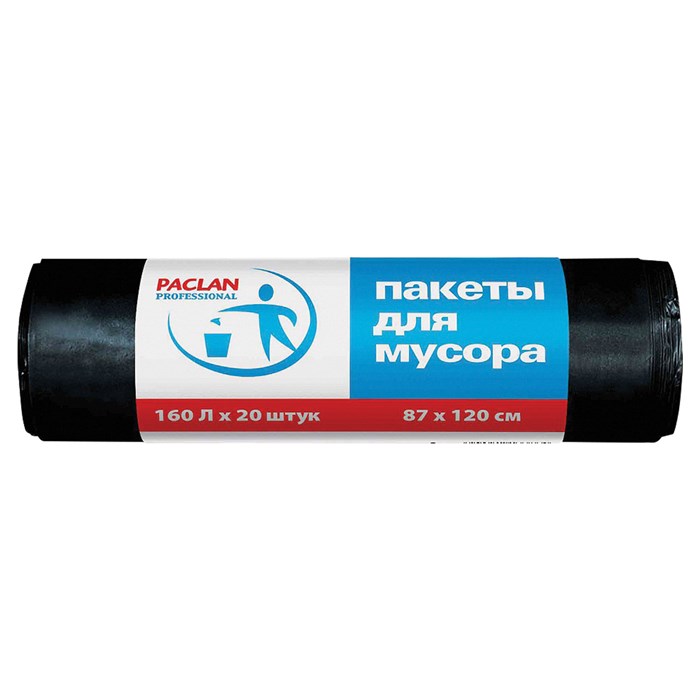 Мешки для мусора 160 л, черные, в рулоне 20 шт., ПВД, 30 мкм, 87х120 см, PACLAN Professional 604082 - фото 49259