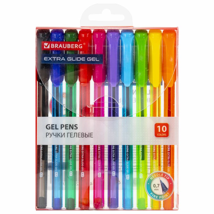 Ручки гелевые BRAUBERG "Extra Glide Gel", НАБОР 10 ЦВЕТОВ, трехгранные, игольчатый наконечник 0,7 мм, линия 0,5 мм, 144079 144079
