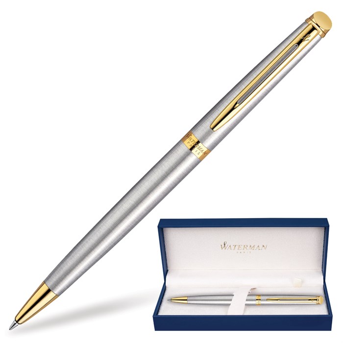 Ручка подарочная шариковая WATERMAN "Hemisphere Stainless Steel GT", серебристый корпус, позолоченные детали, синяя, S0920370 141693