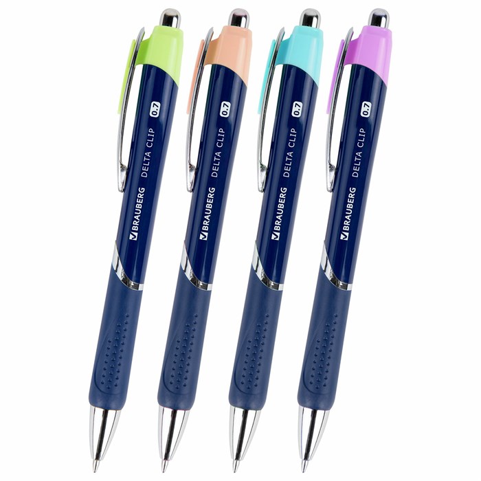 Ручка шариковая автоматическая с грипом BRAUBERG DELTA CLIP, СИНЯЯ, ассорти, узел 0,7 мм, линия письма 0,35 мм,144201 144201