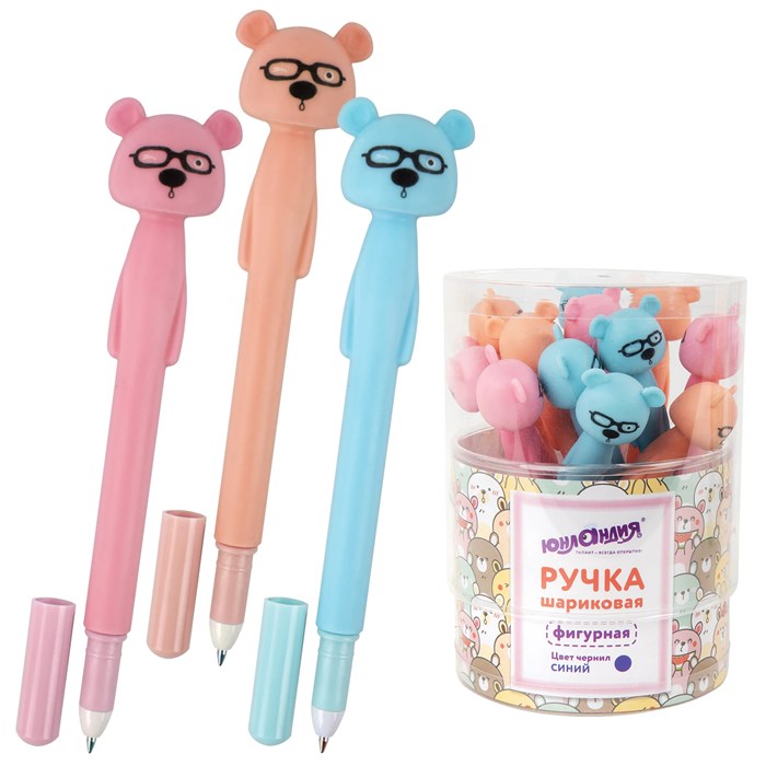 Ручка фигурная шариковая ЮНЛАНДИЯ "Мишка", мягкий силиконовый корпус, ассорти, СИНЯЯ, пишущий узел 0,7 мм, 143780 143780