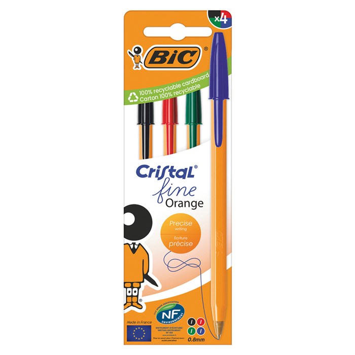 Ручки шариковые BIC "Orange Original", НАБОР 4 ЦВЕТА, узел 0,8 мм, линия 0,3 мм, пакет, 8308541 140966