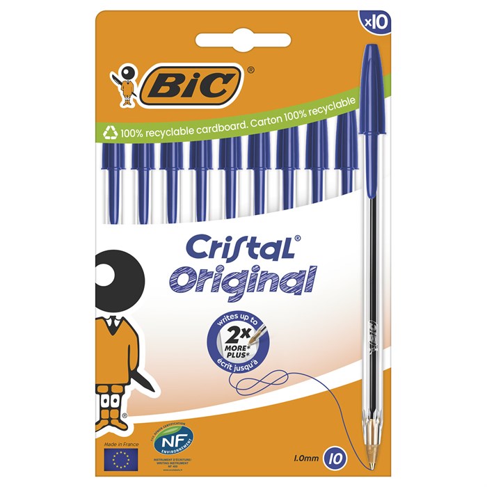 Ручки шариковые BIC "Cristal Original", НАБОР 10 шт., СИНИЕ, узел 1 мм, линия письма 0,32 мм, пакет, 830863 143972