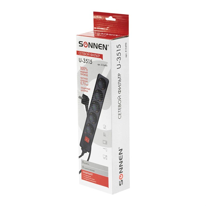 Сетевой фильтр SONNEN U-3515, 5 розеток, с заземлением, выключатель, 10 А, 5 м, черный, 513490 513490