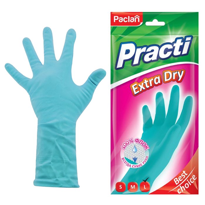 Перчатки МНОГОРАЗОВЫЕ резиновые PACLAN "Extra Dry", хлопчатобумажное напыление, 100% флок, размер L (большой) синие, вес 54 г, 7350, 407350 607083