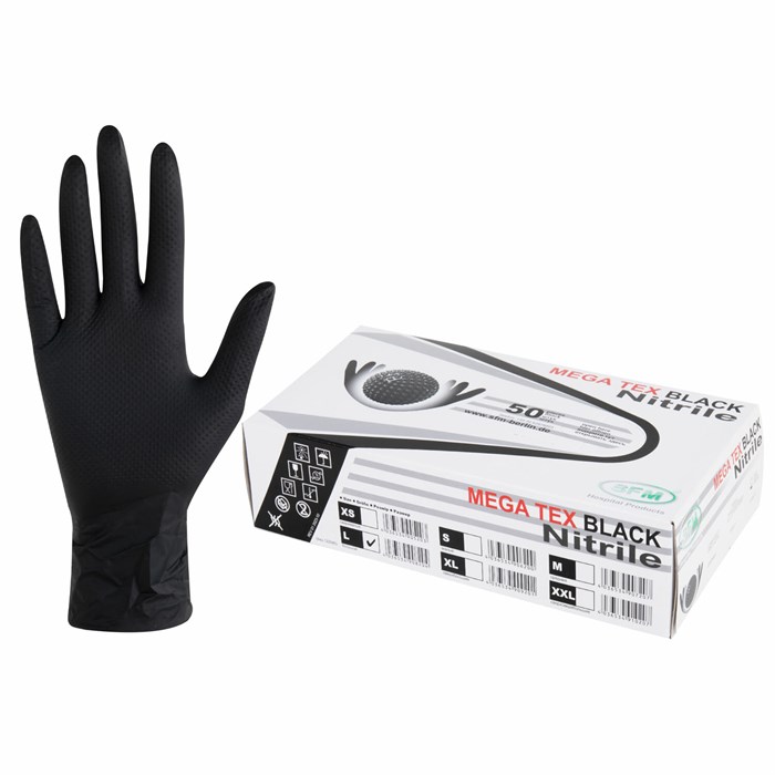Перчатки нитриловые сверхпрочные с текстурой SFM MEGA TEX BLACK 25 пар (50 штук), размер L (большой) 631402