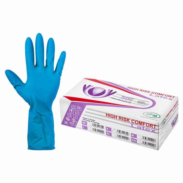 Перчатки латексные смотровые, особо прочные, SFM HIGH RISK COMFORT, 25 пар (50 штук), размер S (малый) 631392