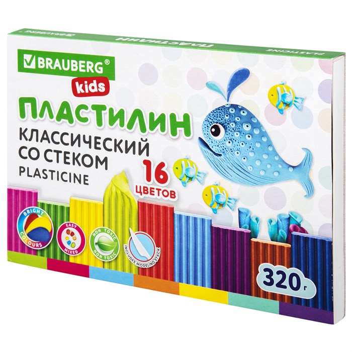 Пластилин классический BRAUBERG KIDS, 16 цветов, 320 г, со стеком, 106508 106508 - фото 51818