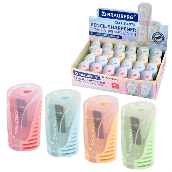 Точилка с контейнером BRAUBERG "CELL PASTEL", пастельные цвета ассорти, 272503 272503