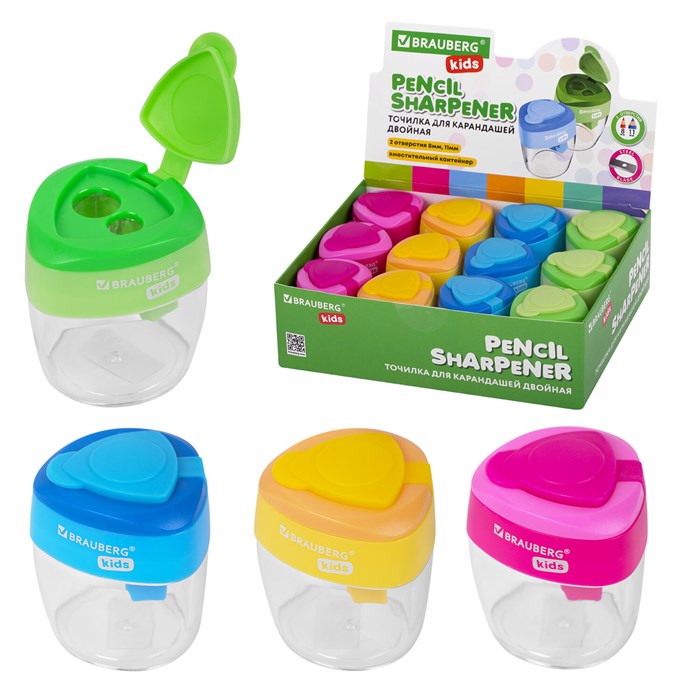 Точилка BRAUBERG KIDS "MAXI", 2 отверстия, с большим контейнером, трехгранный корпус, цвета ассорти, 271945 271945
