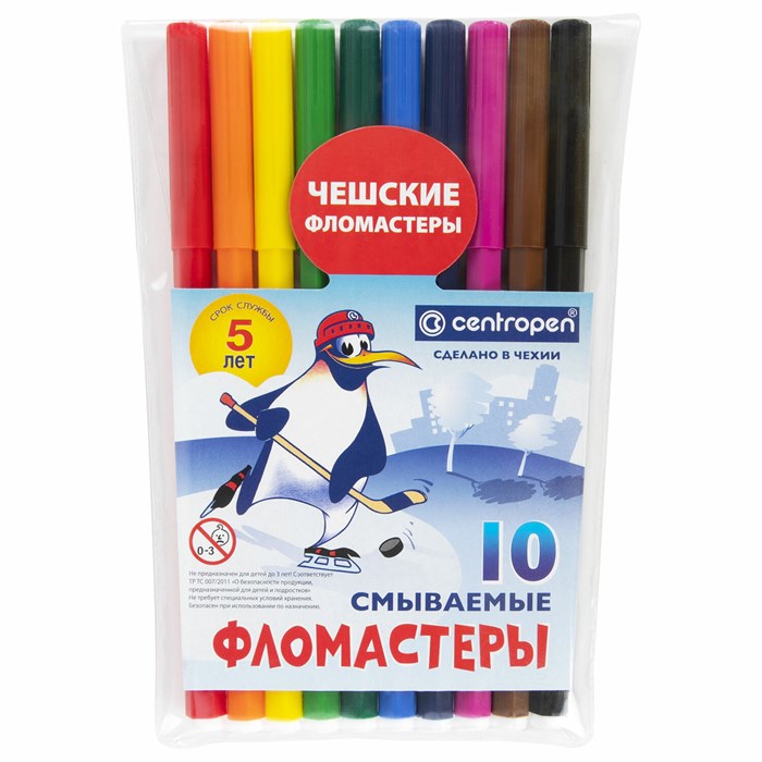 Фломастеры 10 ЦВЕТОВ CENTROPEN "Пингвины", смываемые, вентилируемый колпачок, 7790/10ET, 7 7790 1086 150055