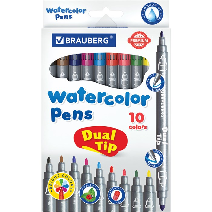 Фломастеры двусторонние BRAUBERG "PREMIUM" "DUAL-TIP", 10 шт., 10 цветов, два наконечника, картонная коробка с европодвесом, 151946 151946
