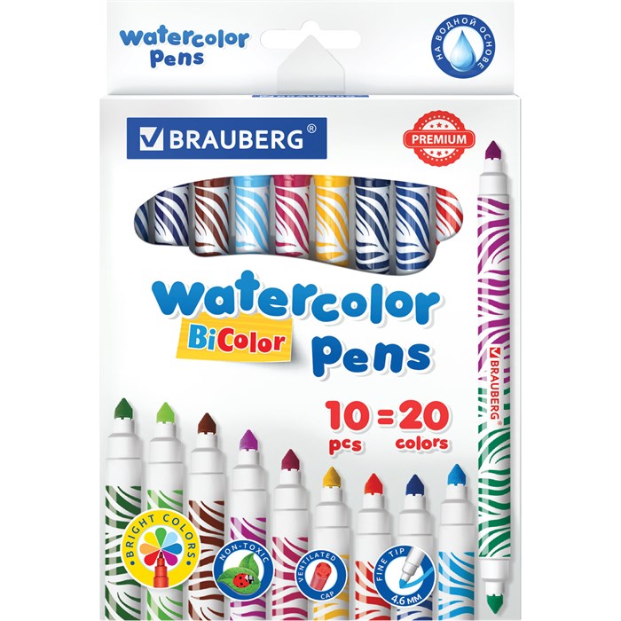 Фломастеры двусторонние утолщенные BRAUBERG "PREMIUM" "BI-COLOR", 10 шт., 20 цветов, двухцветные, вентилируемый колпачок, 151945 151945