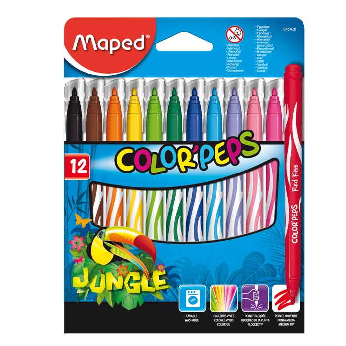Фломастеры MAPED (Франция) "Color'Peps Jungle", 12 цветов, смываемые, вентилируемый колпачок, 845420 150760