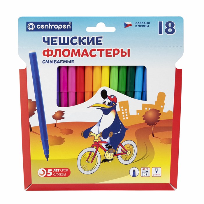 Фломастеры 18 ЦВЕТОВ CENTROPEN "Пингвины", смываемые, вентилируемый колпачок, 7790/18ET, 7 7790 1886 150057