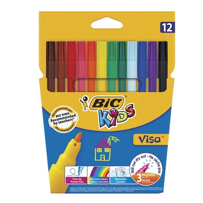 Фломастеры BIC "Kids Visa", 12 ЦВЕТОВ, суперсмываемые, вентилируемый колпачок, европодвес, 889695, 888695 150357
