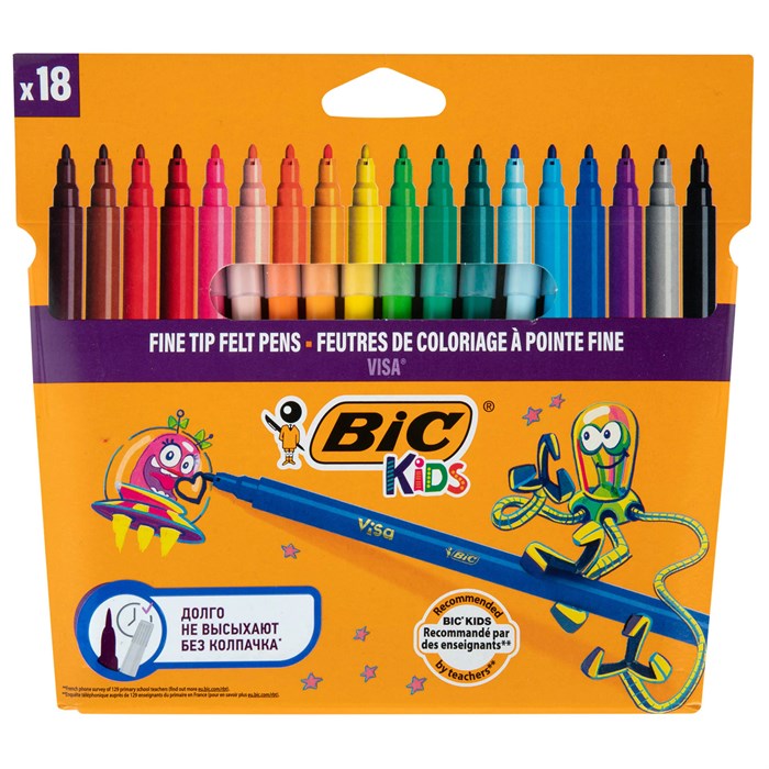 Фломастеры BIC "VISA", 18 цветов, суперсмываемые, вентилируемый колпачок, европодвес, 888681 150358