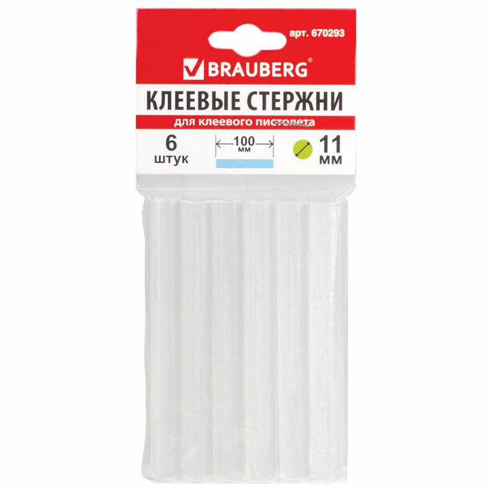 Клеевые стержни, диаметр 11 мм, длина 100 мм, прозрачные, комплект 6 шт., BRAUBERG, европодвес, 670293 670293