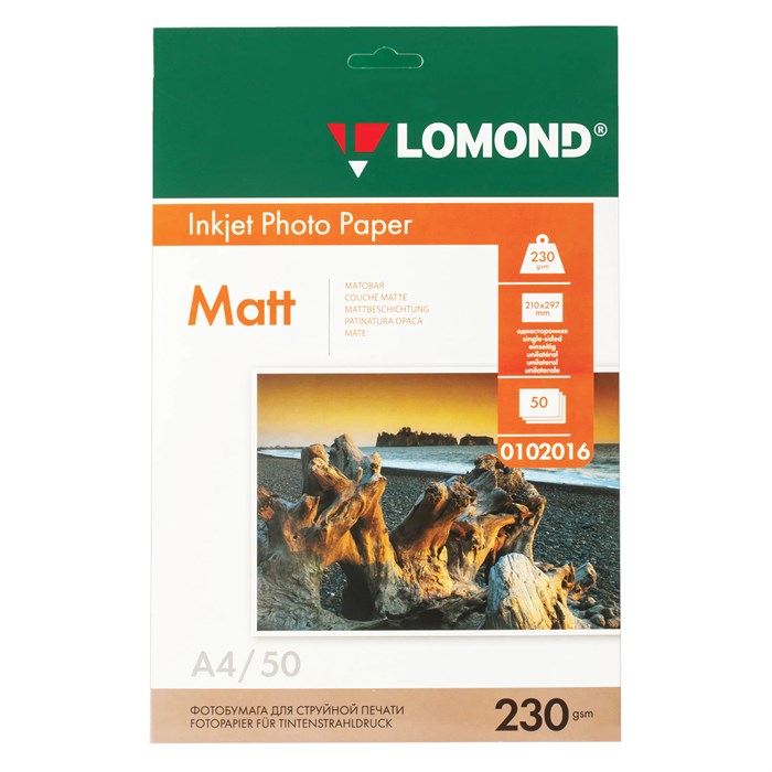 Фотобумага матовая, А4, 230 г/м2, односторонняя, 50 листов, LOMOND, 0102016 360930